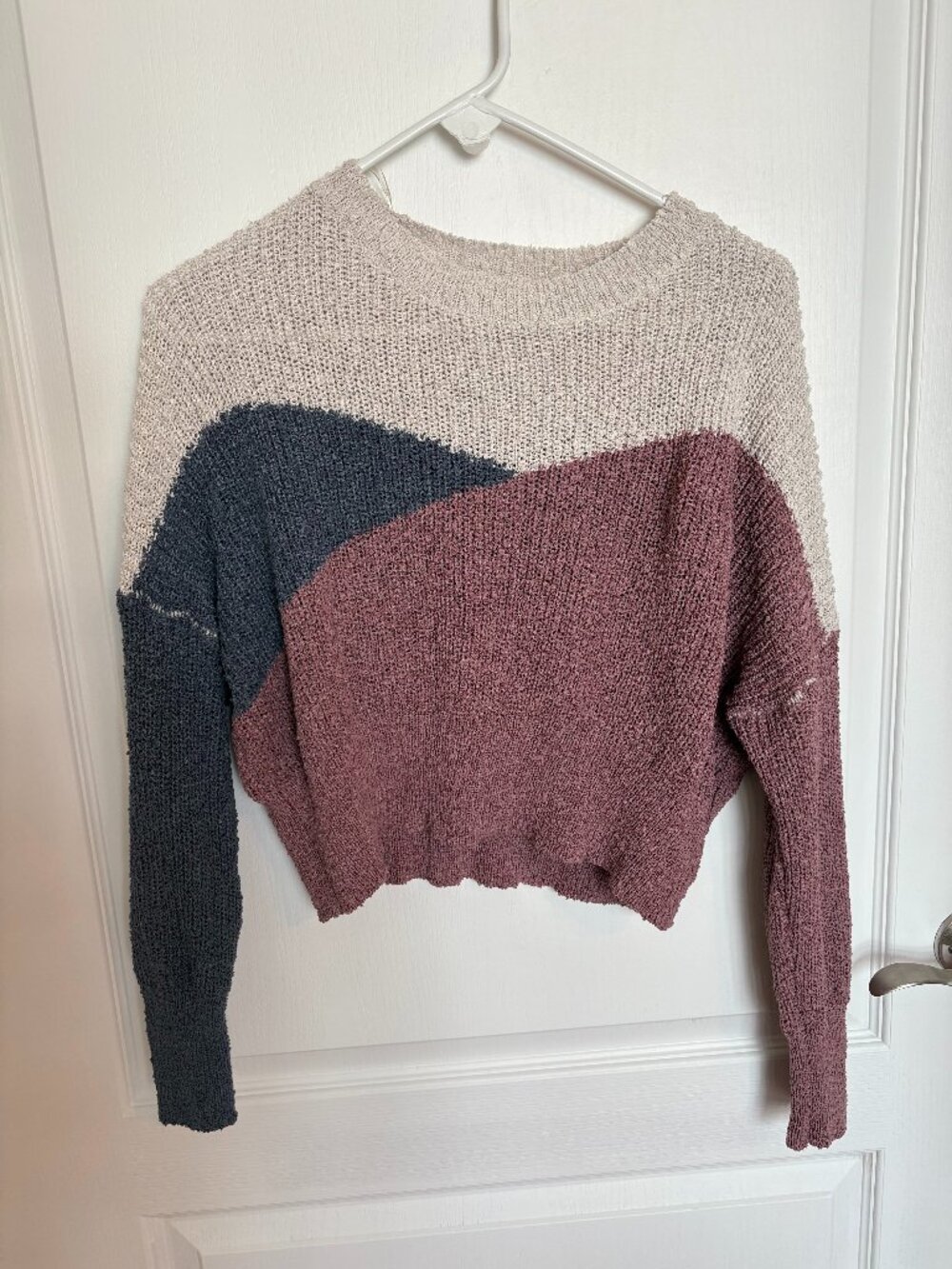 Unbranded Mauve Grey Cream Colorblock Open Knit Cropped Sweater